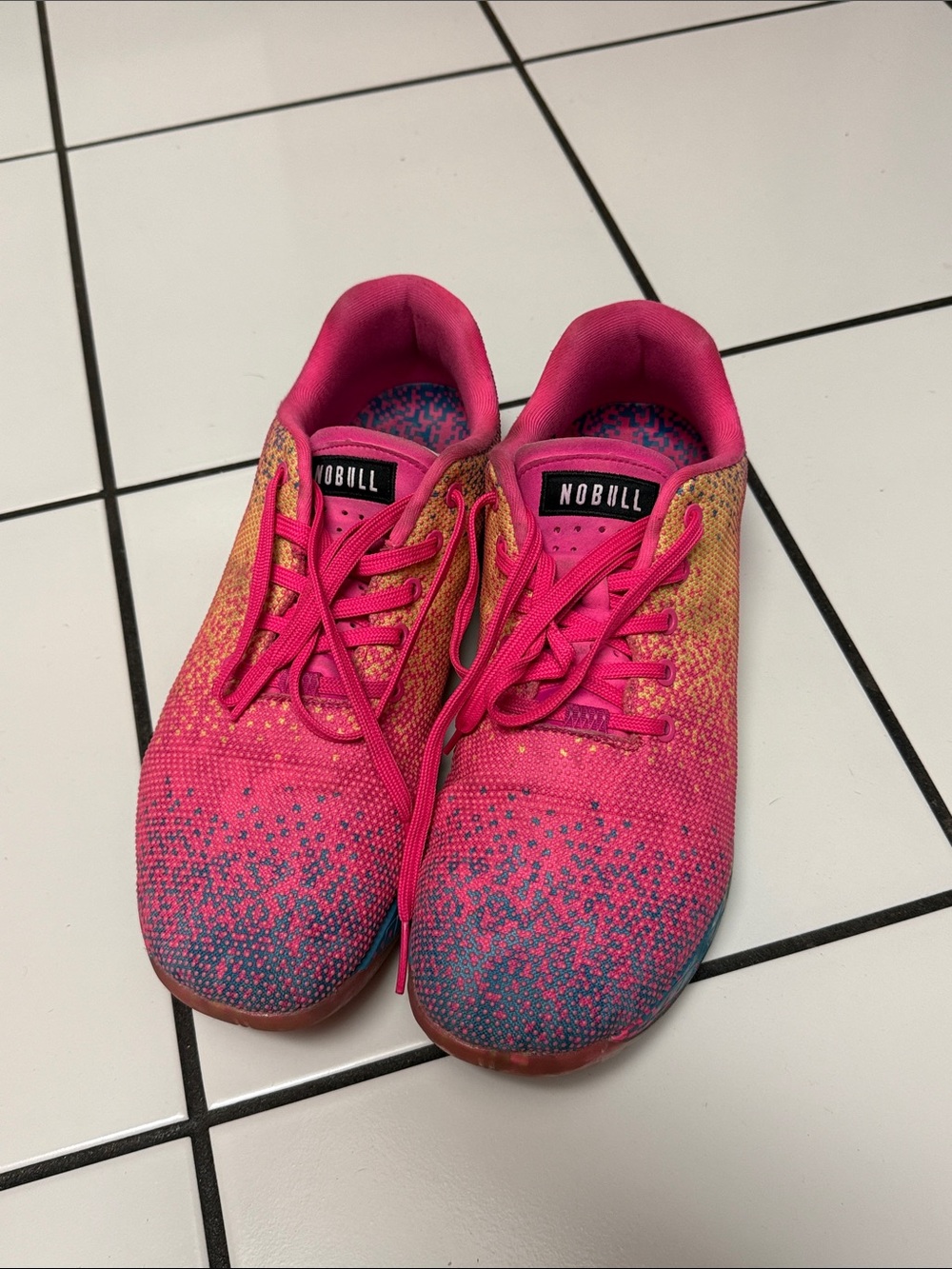 NOBULL Men’s 13.5 Pink, Blue, Yellow “Glitch” Superfabric Low Top Trainers